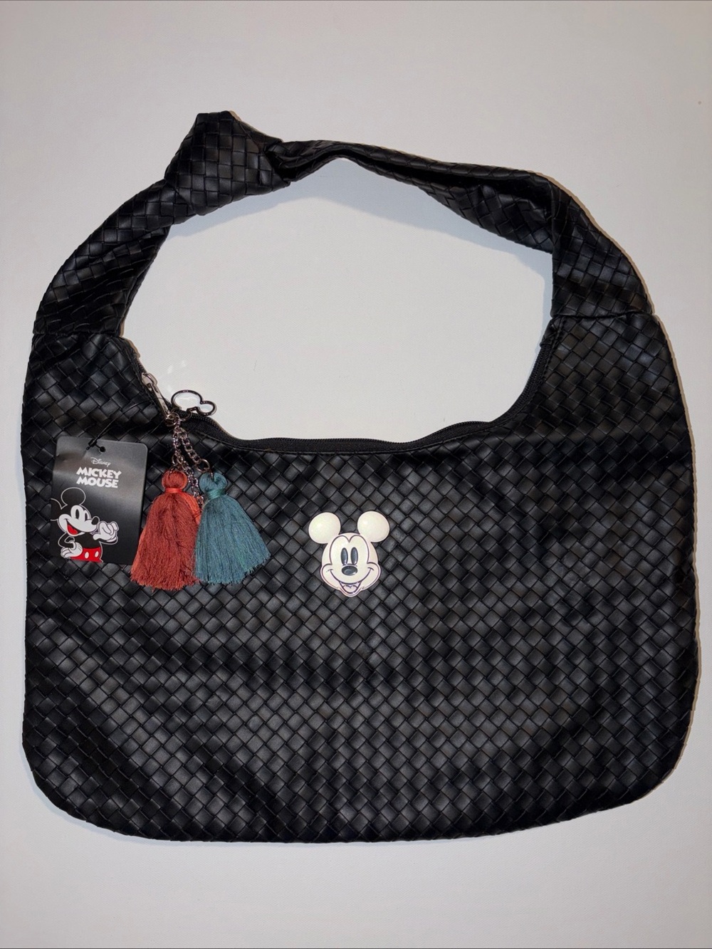 Disney Bioworld Black Woven Bag with Teal and Rust Tassel Charms Mickey Mouse